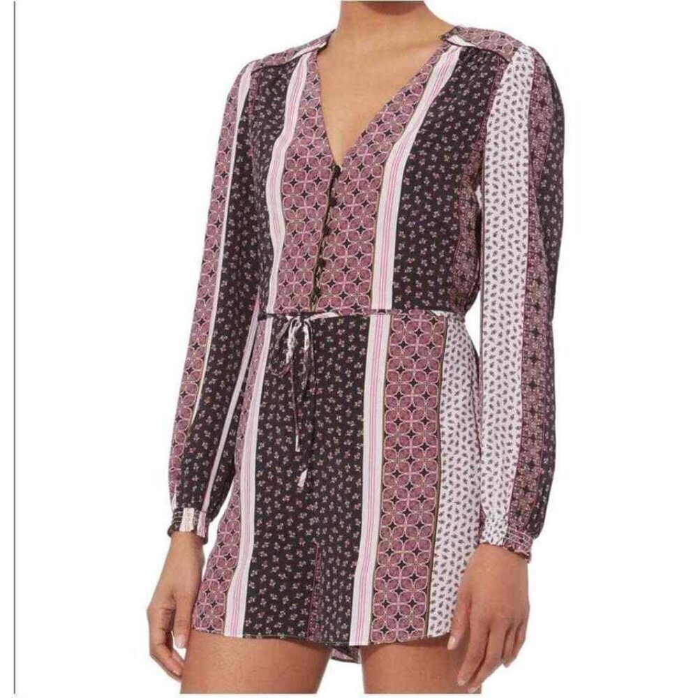 INTERMIX Purple 100% Silk Bohemian Coquette V-Neck Long Sleeve Romper Size 2
